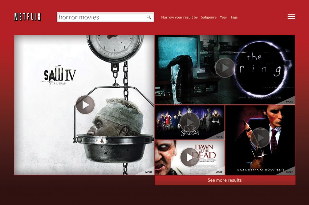 Netflix.com - redesigned search result for the query 'horrow movies'